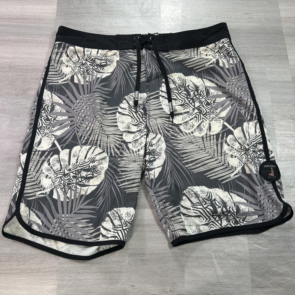 Hinano Boardshorts Mens 38 Gray Tropical Leaf Print Swim Trunks Stretch Waist